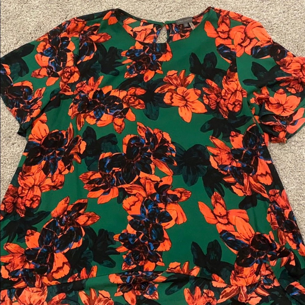 Vince Camuto Green & Coral Floral Silk Top